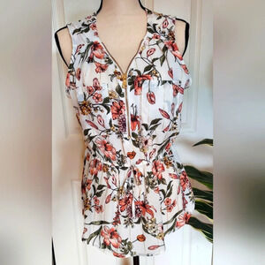 UK2LA Sleeveless Floral Blouse | Womens Large | Elastic Waist | Gold Zipper